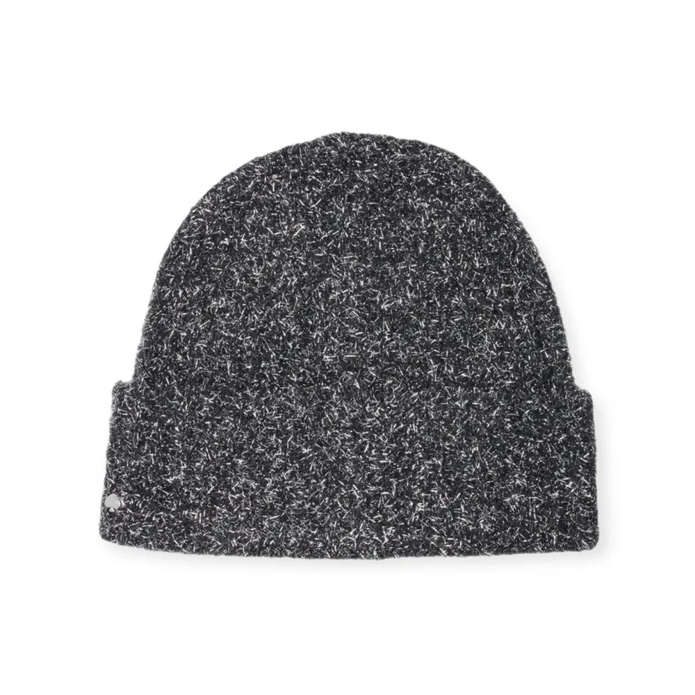 Kate Spade New York Black Silver Tinsel Knit Beanie Winter Hat NWT